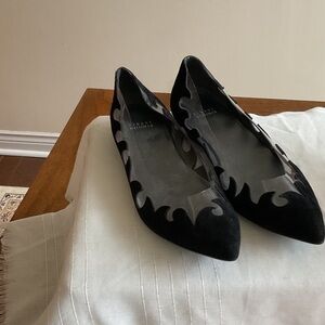 Stuart Weitzman Black Suede and Patent Flats with Clear Accents